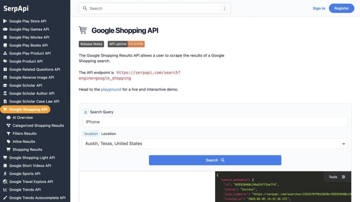 SerpApi Google Shopping API documentation, captured from its official website.