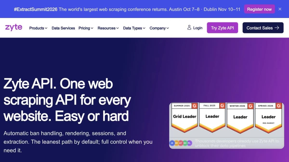 Zyte API web scraping API page, captured from its official website.