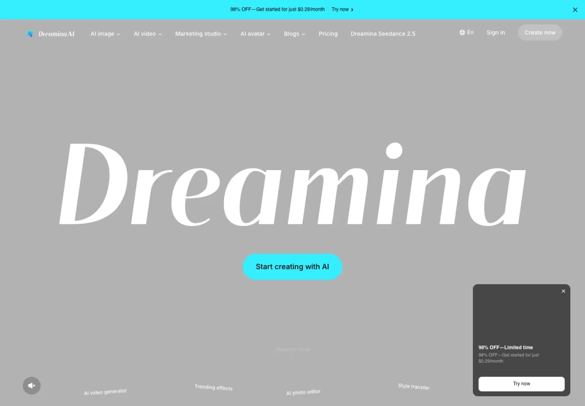 Dreamina official creative platform showing its AI image and video generation entry points