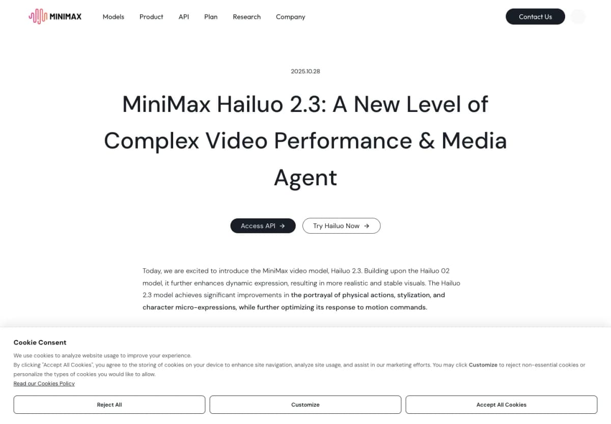 MiniMax official Hailuo 2.3 announcement describing image-to-video model capabilities