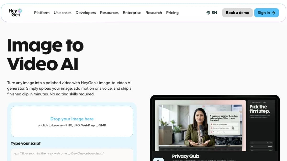 HeyGen English image-to-video page with photo upload and script controls