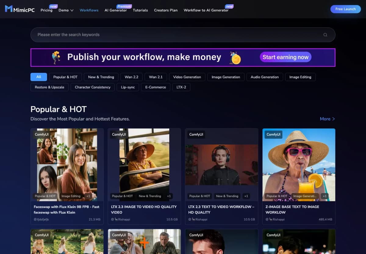 MimicPC English workflow library with image-to-video templates