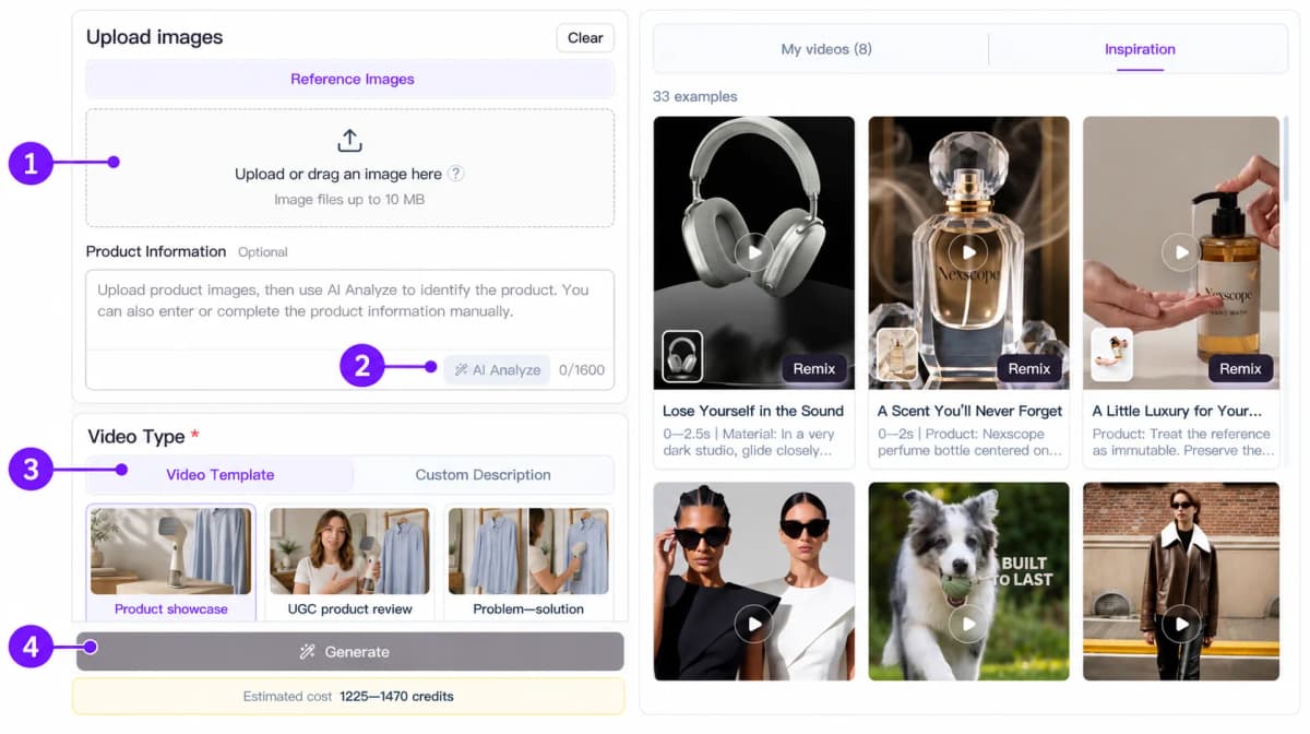 Nexscope image-to-video interface annotated with four steps: upload an image, add product information, choose a video template, and generate