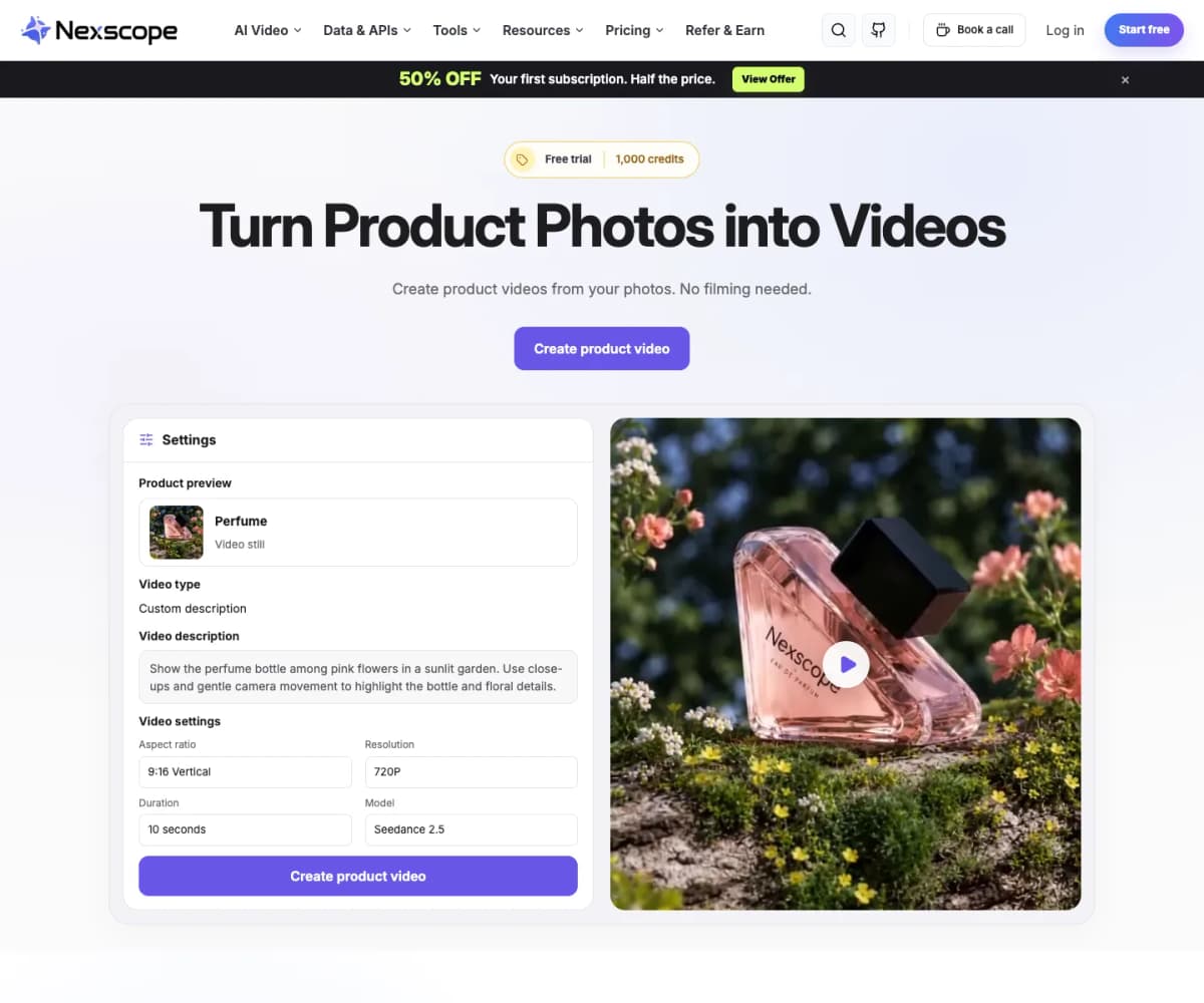 Nexscope image-to-video landing page showing product video settings and a perfume video example