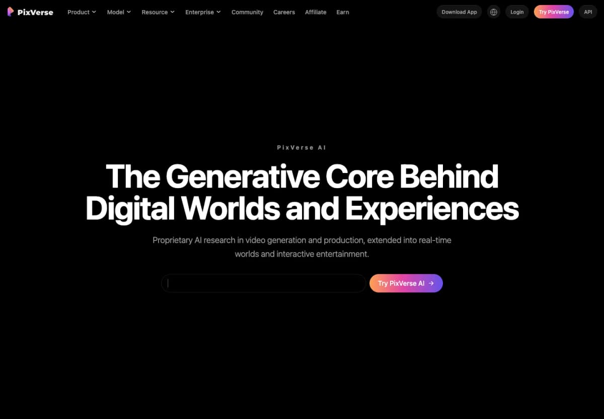 PixVerse official AI video platform presenting its video creation features and creative examples