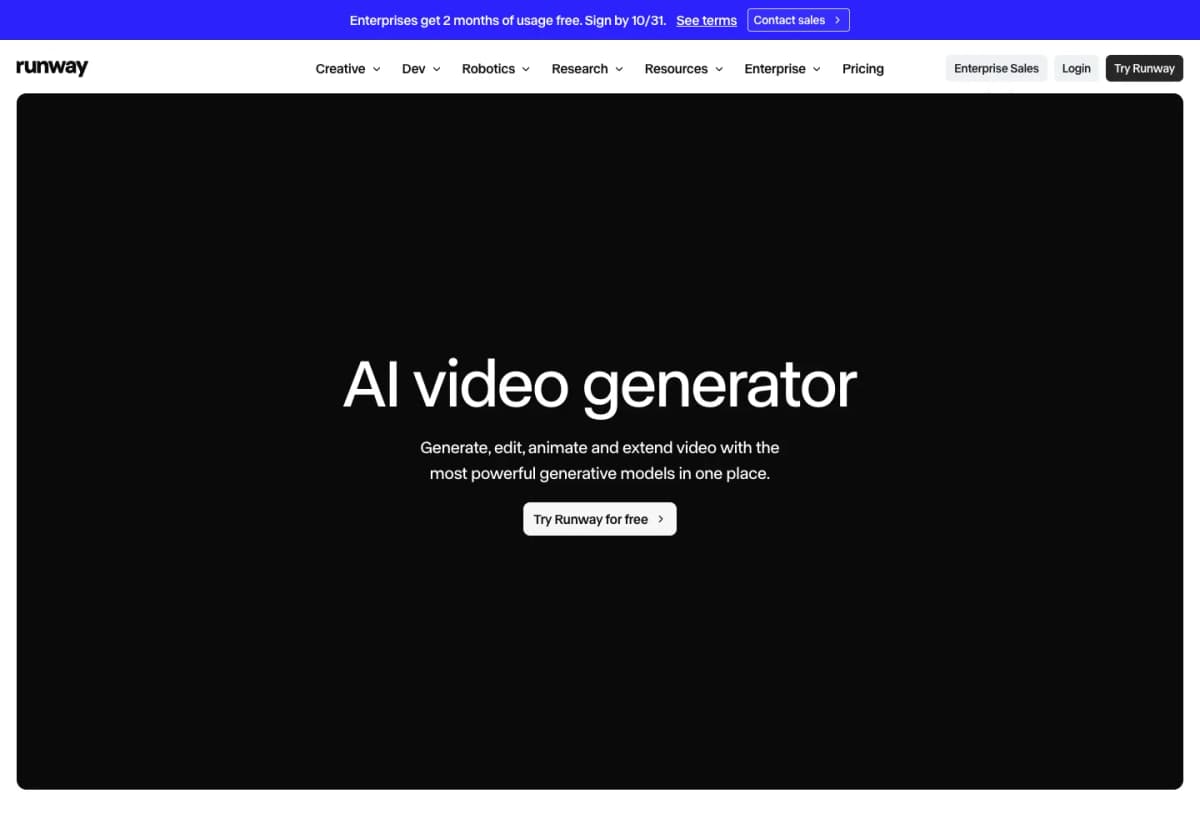 Runway official AI video generator page presenting its creative video generation workspace