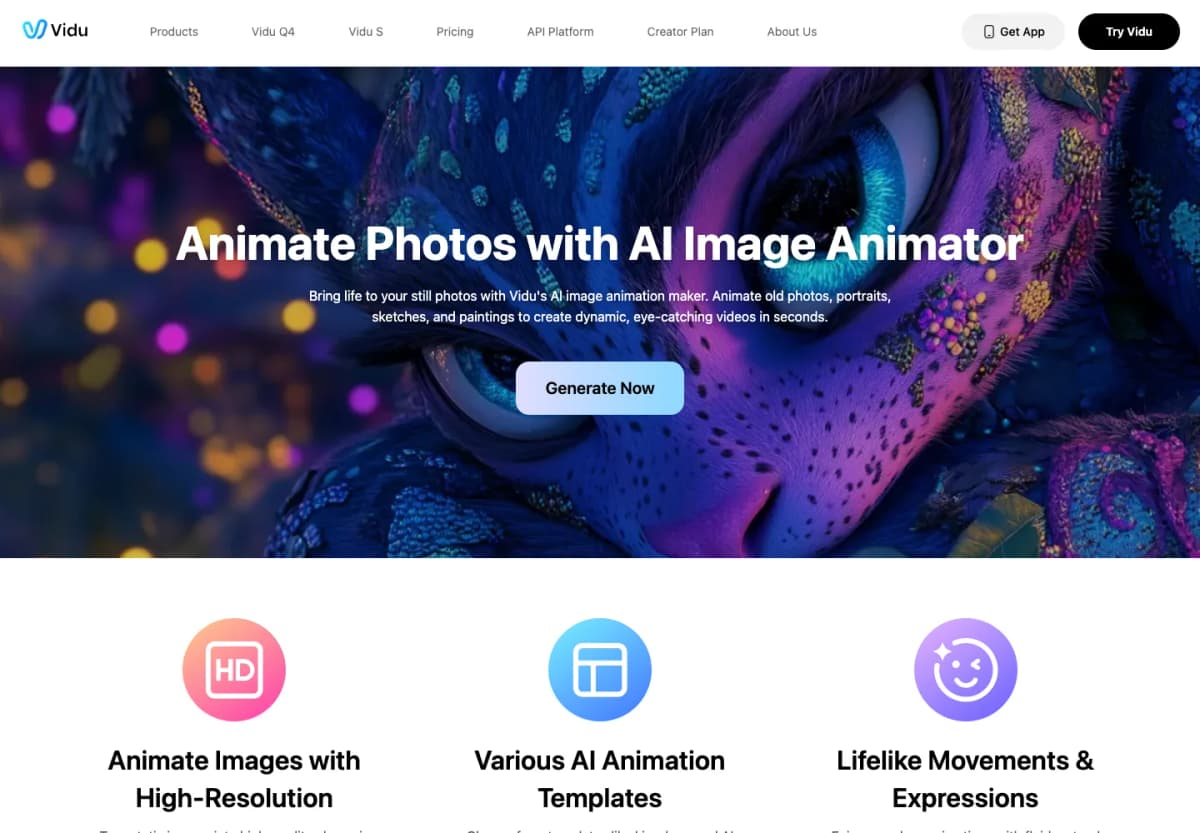 Vidu official AI image animator page introducing image-to-video and reference-based photo animation