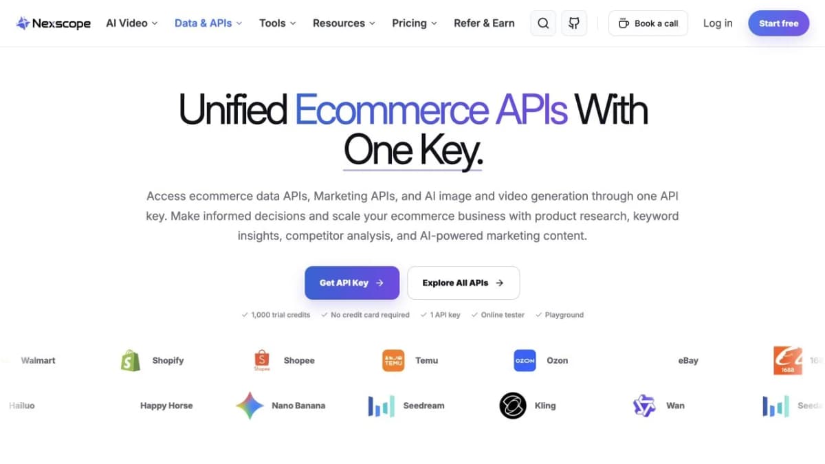 Nexscope API platform showing ecommerce data and creative API access