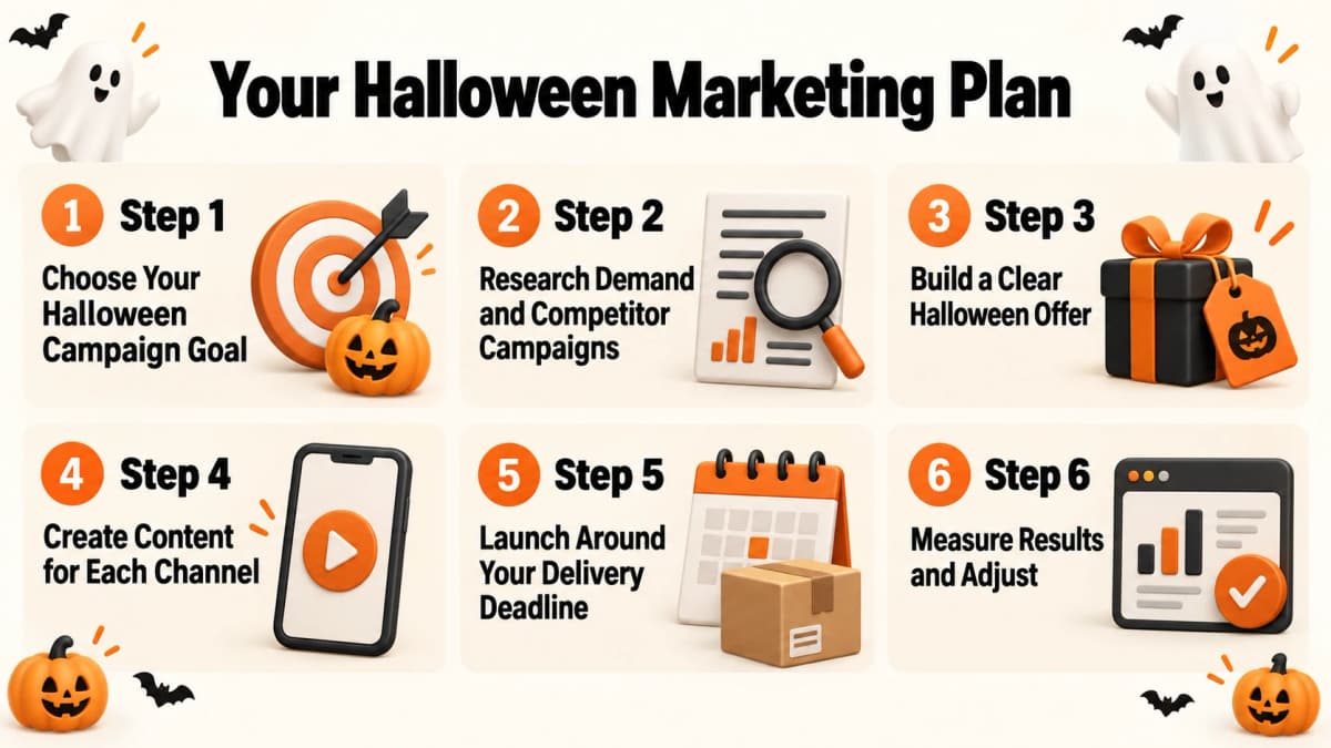 Halloween marketing plan overview showing all six steps from campaign goals to measuring results