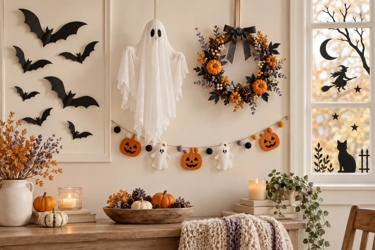 Bat decals, hanging ghost, wreath, garland, and window silhouettes arranged as indoor Halloween decor