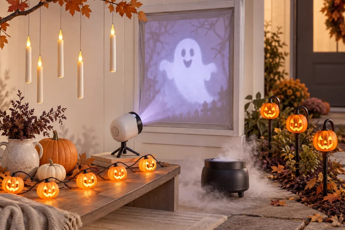 Floating LED candles, pumpkin string lights, a projector, mist device, and pathway lights in a studio display