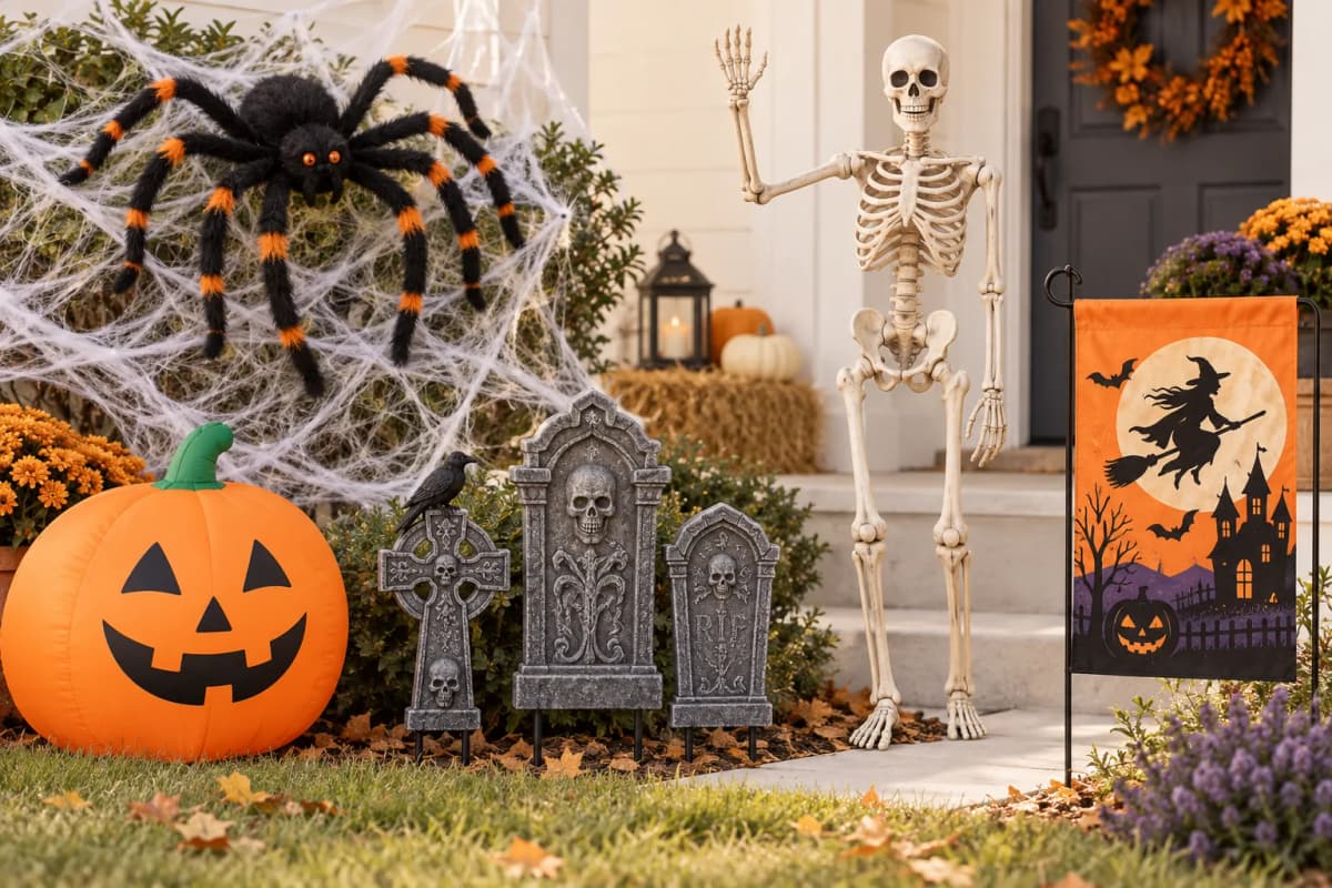 Inflatable pumpkin, spider web, tombstone stakes, posable skeleton, and garden flag for a Halloween porch