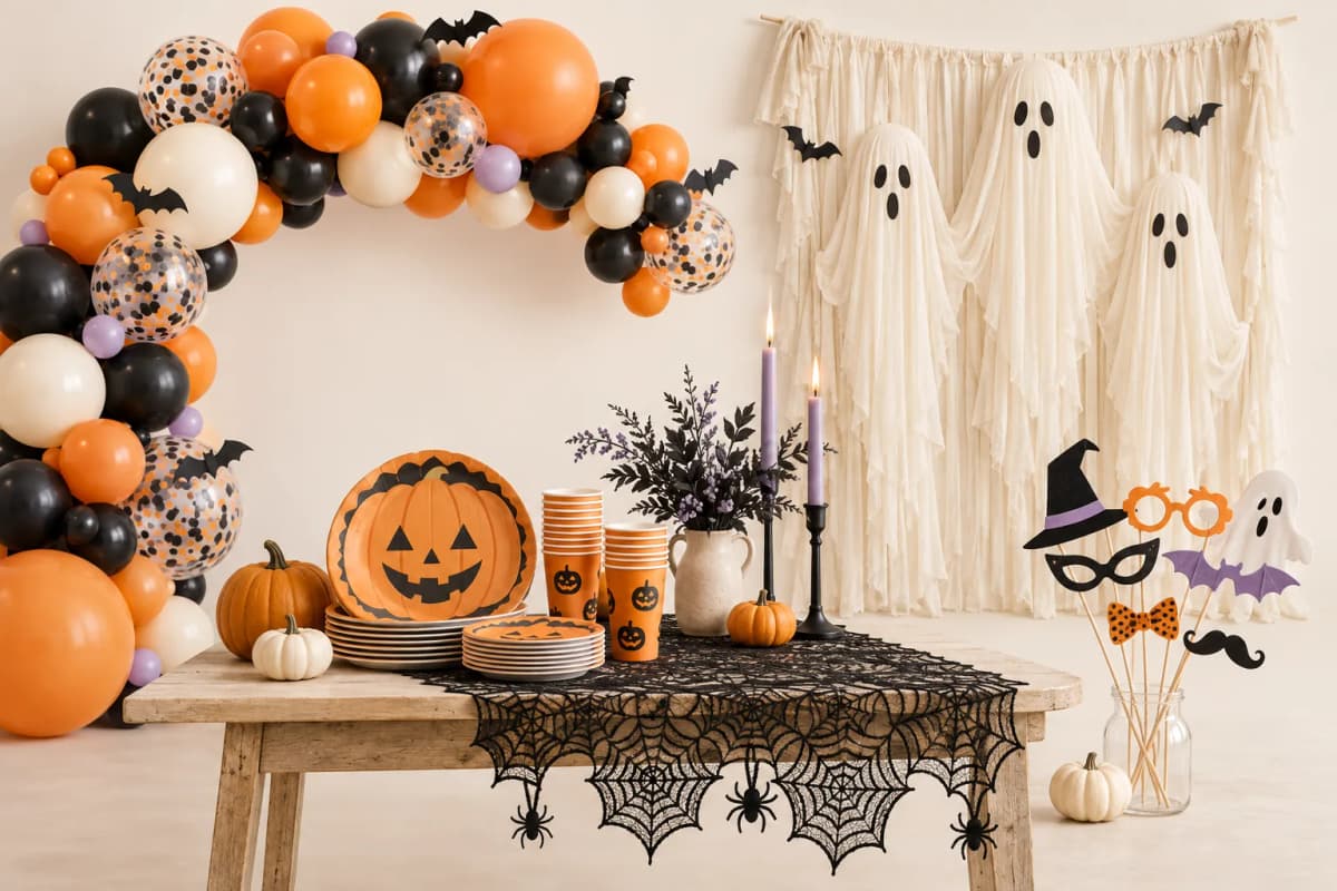 Halloween balloon arch, paper tableware, spiderweb runner, photo backdrop, and prop sticks arranged together