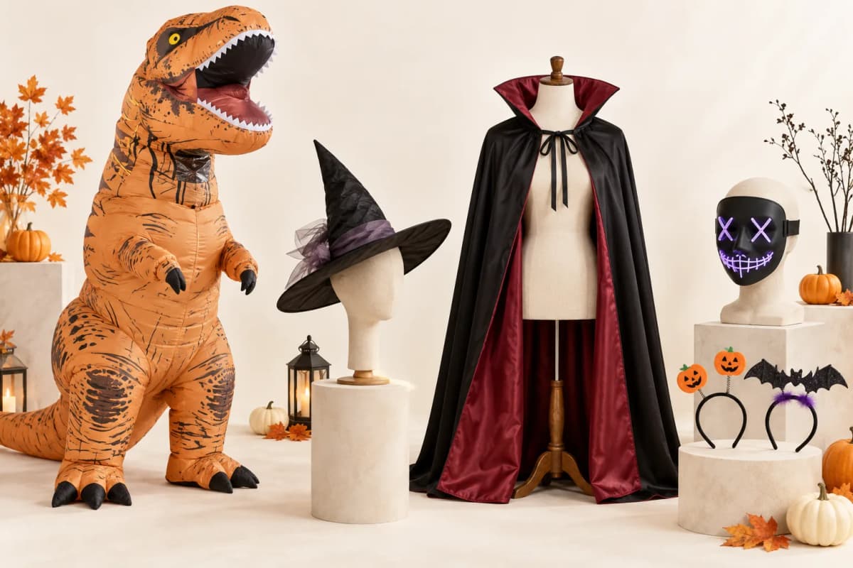Inflatable dinosaur costume, witch hat, vampire cape, geometric LED mask, and Halloween headbands on display