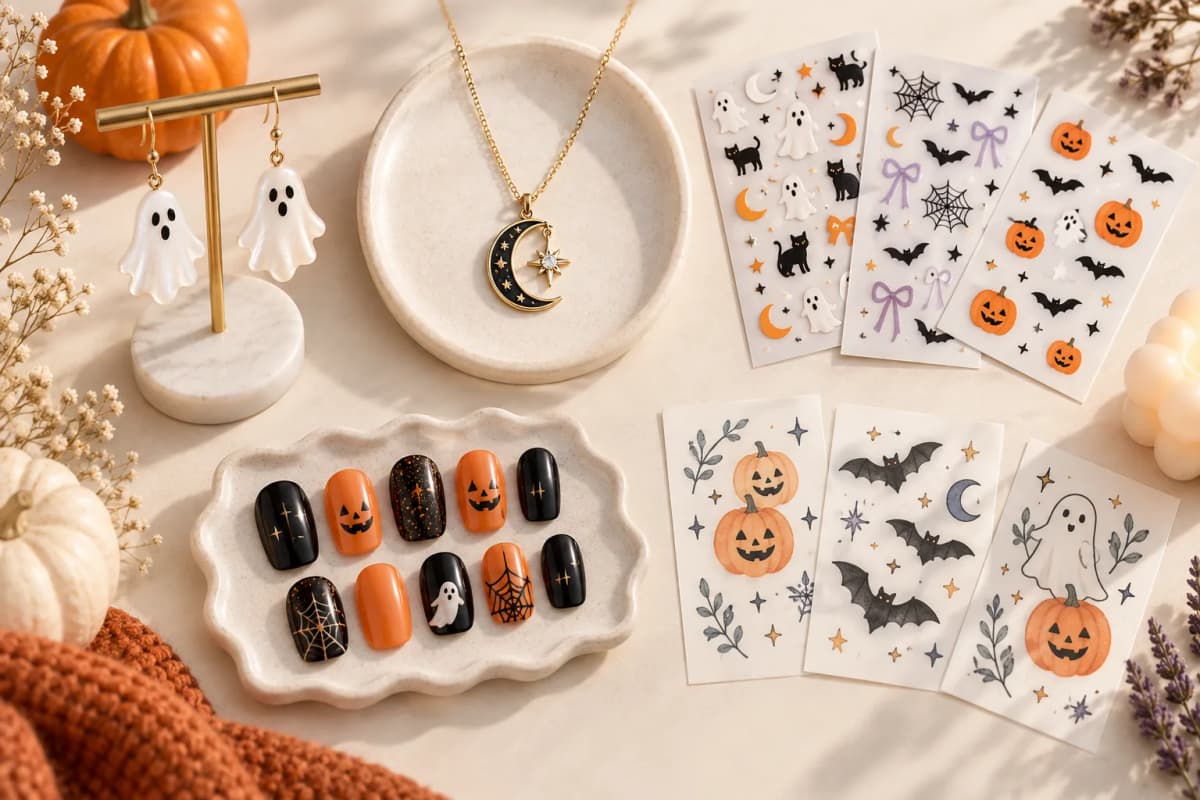 Ghost earrings, moon necklace, Halloween nail decals, press-on nails, and temporary tattoo sheets in five groups