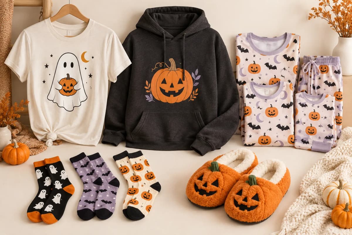 Halloween graphic T-shirt, pumpkin hoodie, coordinated pajamas, themed socks, and pumpkin slippers