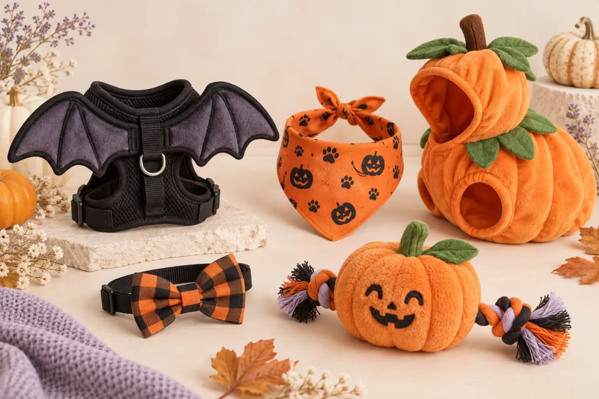 Soft pet bat wings, pumpkin bandana, pet costume, bow tie, and pumpkin plush toy without live animals