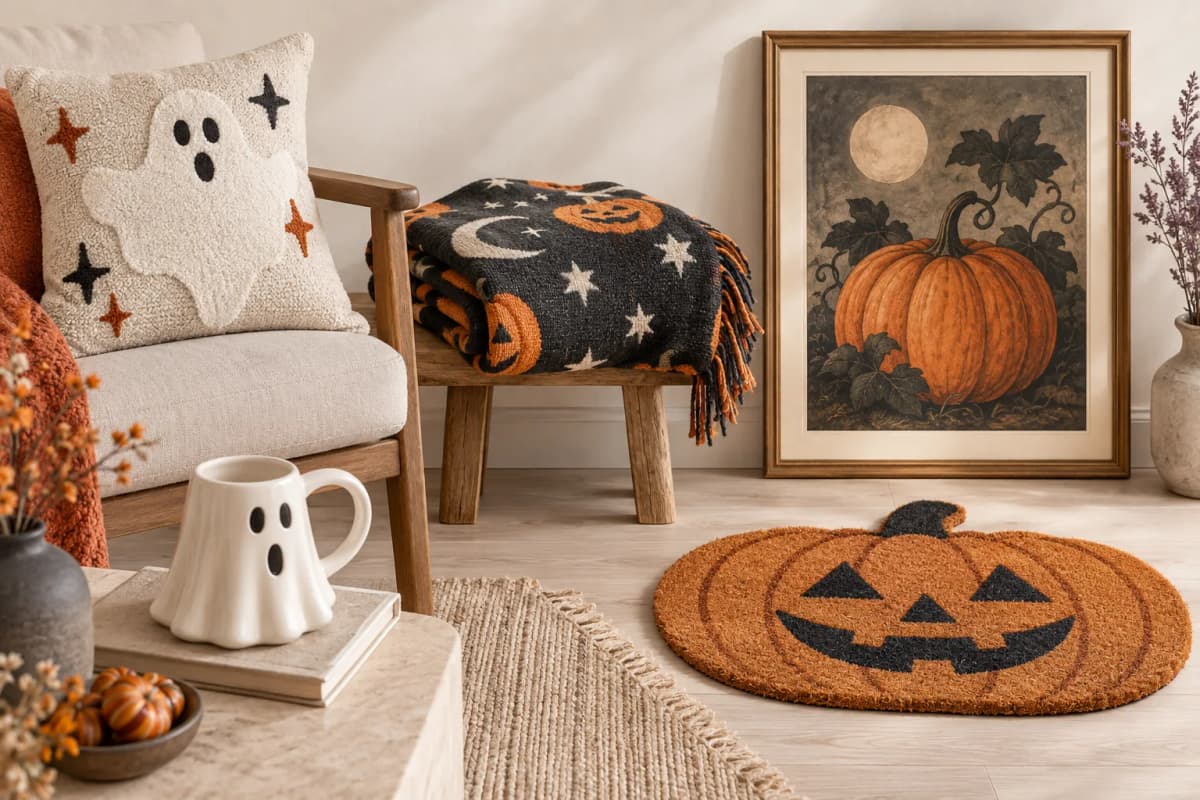 Ghost pillow, Halloween blanket, ceramic mug, pumpkin doormat, and framed seasonal wall art in a light room