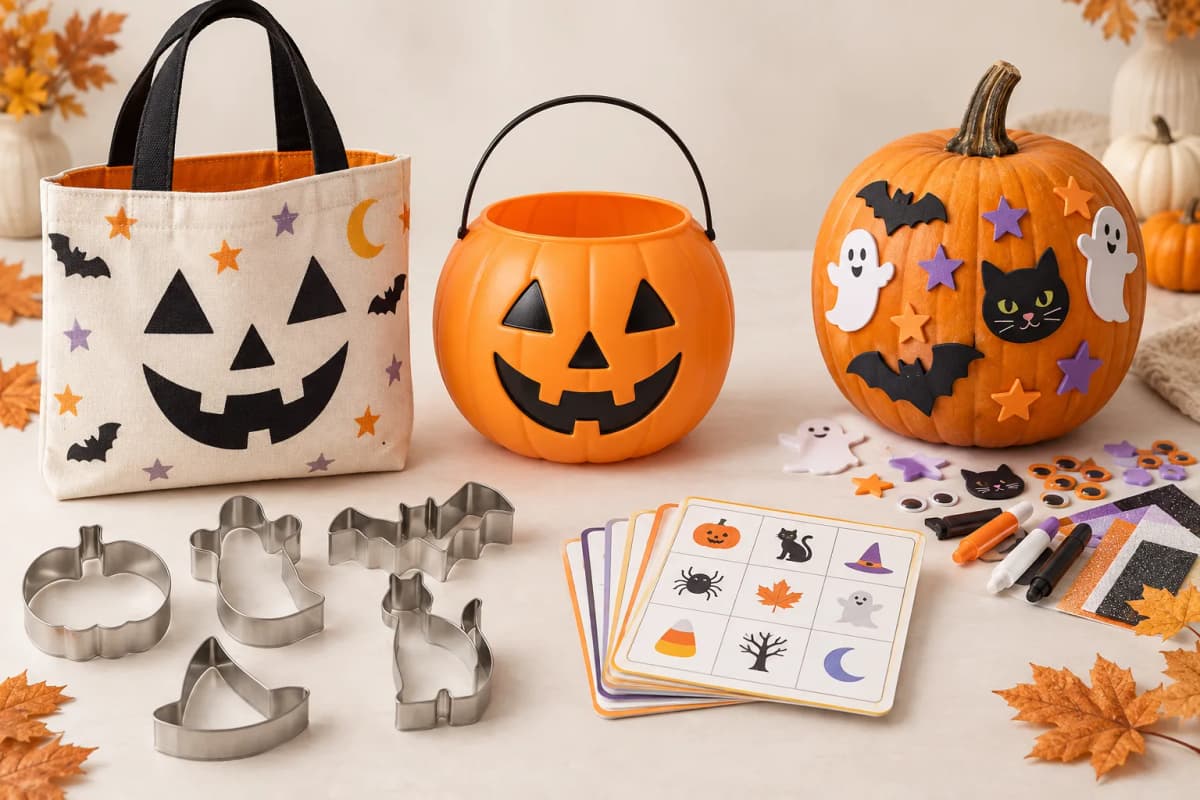 Reusable treat tote, pumpkin bucket, cookie cutters, pumpkin craft supplies, and scavenger hunt cards