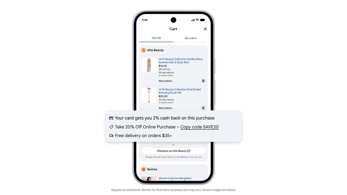 Google Universal Cart displaying a promo code, card cash-back benefit, and a free-delivery threshold