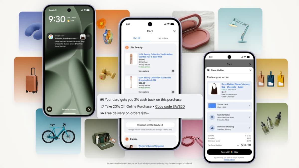 Google Universal Cart showing saved products, price alerts, and merchant checkout across mobile screens
