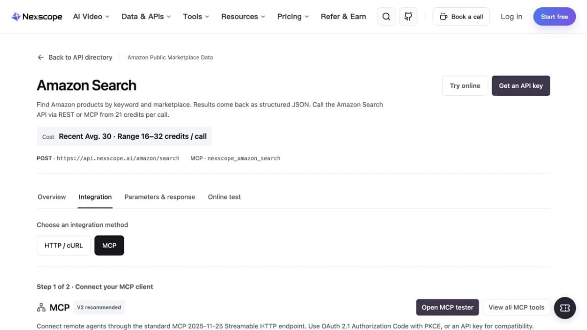 Nexscope Amazon Search documentation showing REST and MCP access for an ecommerce product research workflow