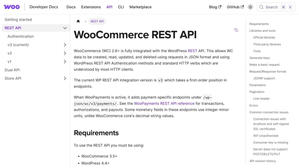 Documentación de WooCommerce REST API con la API de gestión y la integración v3 actual