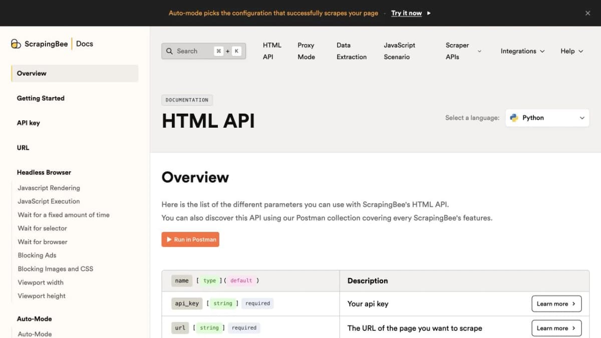 Documentación de la API HTML de ScrapingBee con opciones de renderizado y extracción