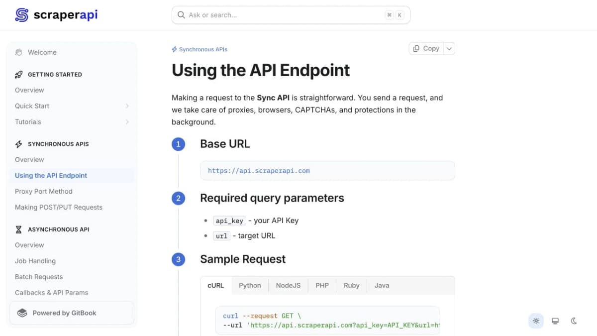 Documentación de ScraperAPI con el endpoint síncrono y los parámetros de solicitud obligatorios