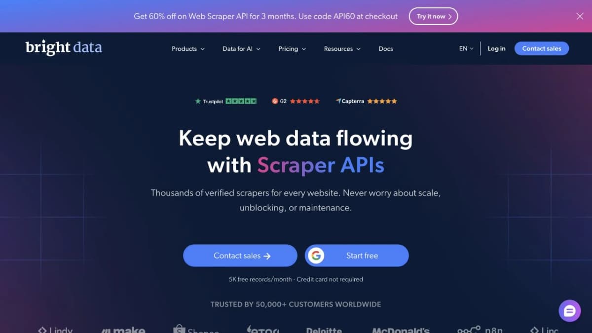 Página de Bright Data Scraper APIs que describe su servicio alojado de recopilación de datos web