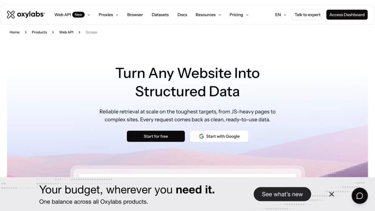 Página de Oxylabs Web API Scrape que presenta la extracción estructurada de datos web