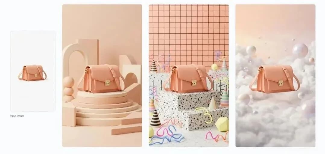 Nano Banana 2.1 reference example showing a peach handbag across three different product scenes