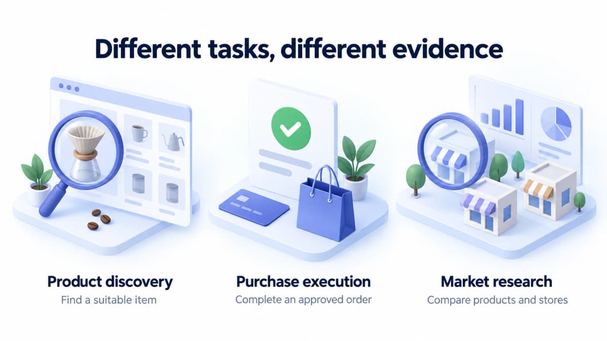 Product discovery, purchase execution, and market research answer different ecommerce questions