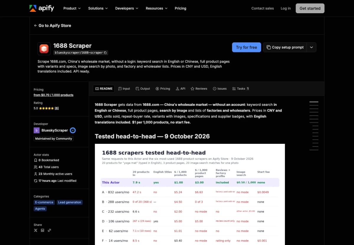 Apify listing for the community-maintained BlueskyScraper 1688 Scraper and its available tasks