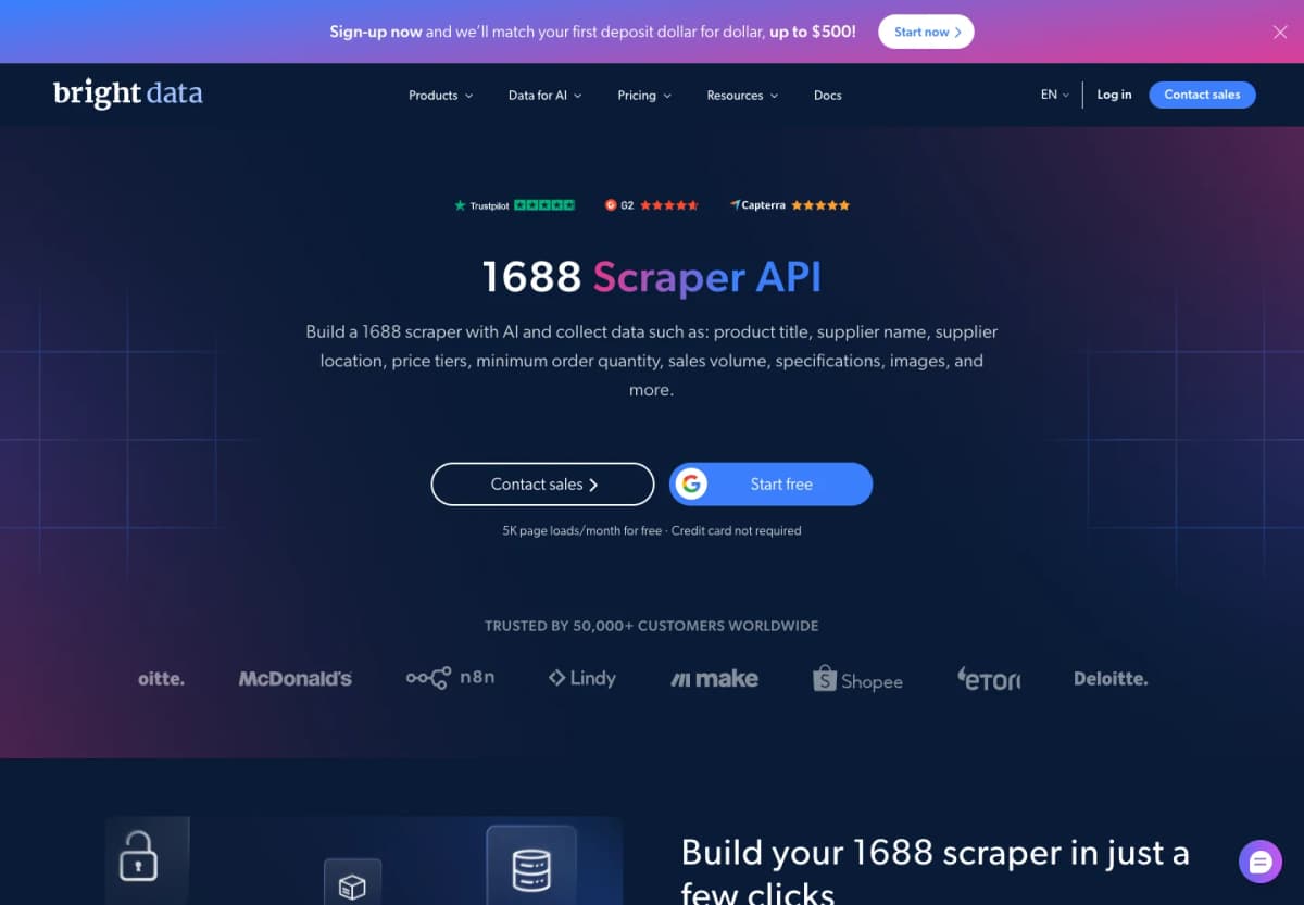 Bright Data official 1688 scraper page presenting custom scraper creation and API deployment