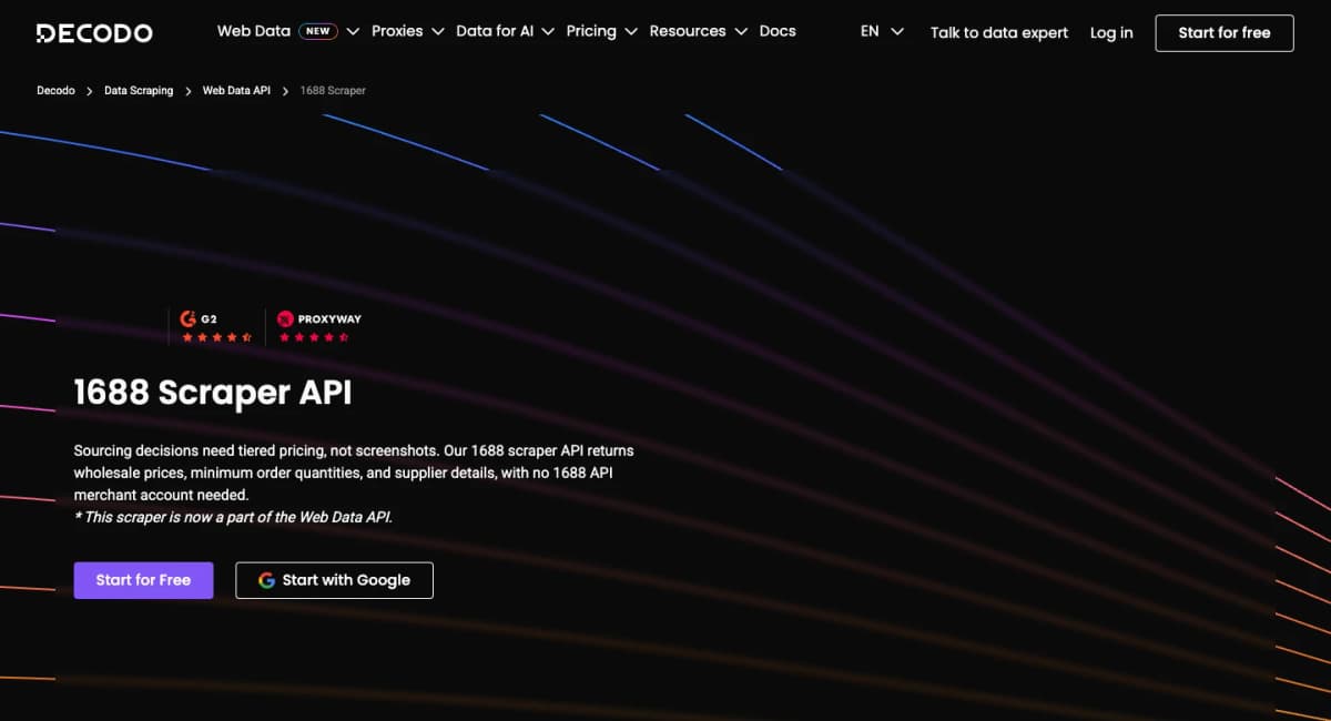 Decodo official 1688 Scraper API page showing its wholesale data collection offering