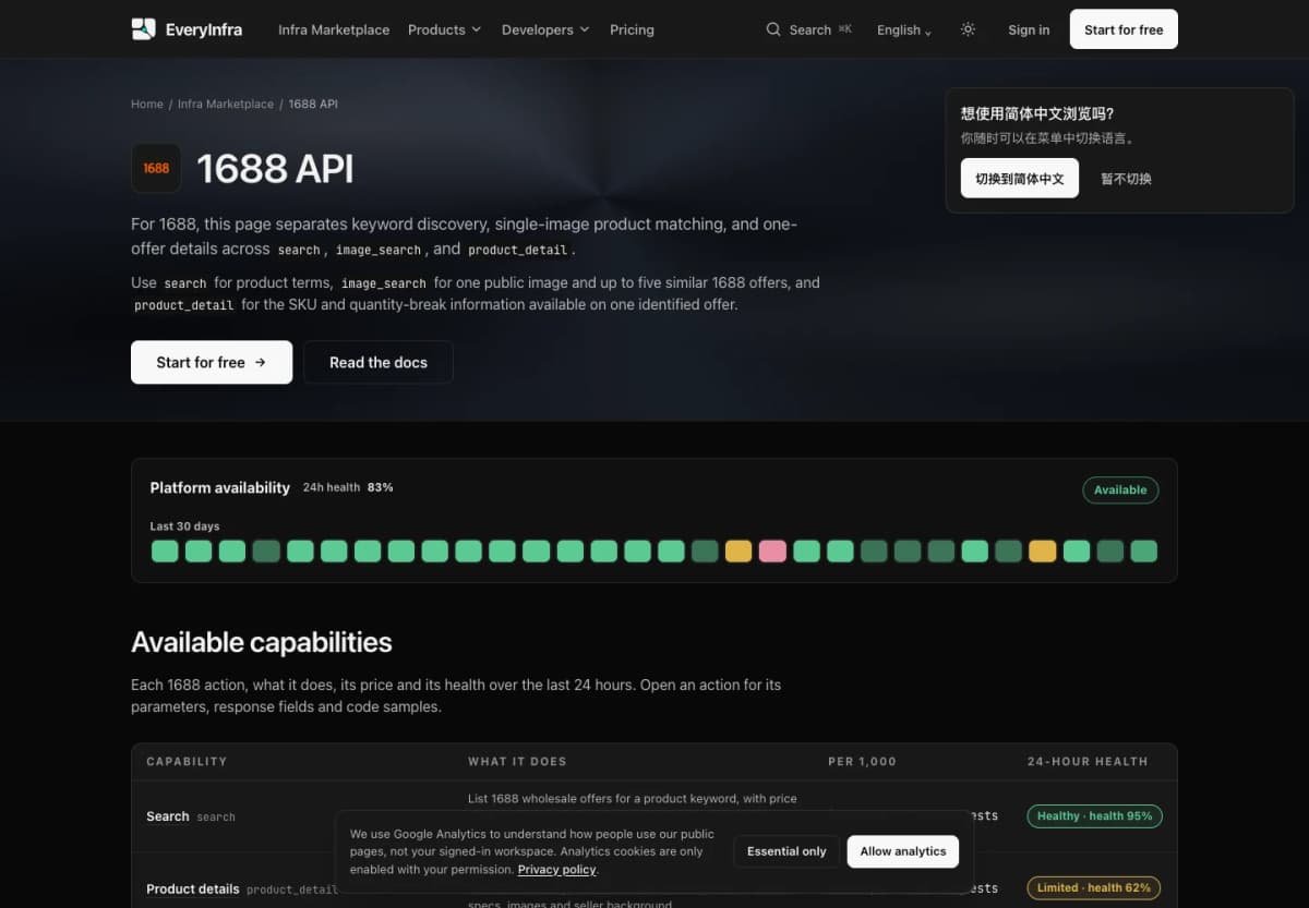EveryInfra official 1688 API page listing search, product detail, and image-search actions