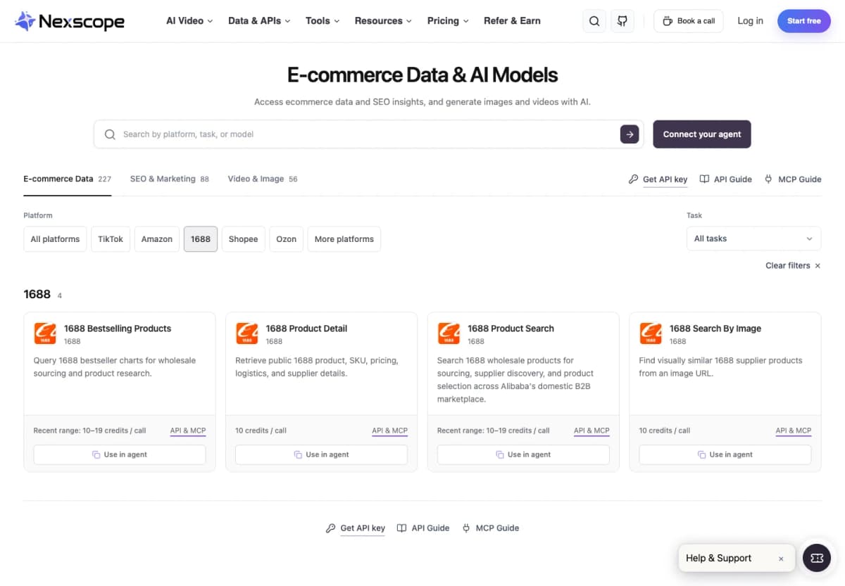 Nexscope 1688 API catalog showing product search, detail, image search, and bestseller data