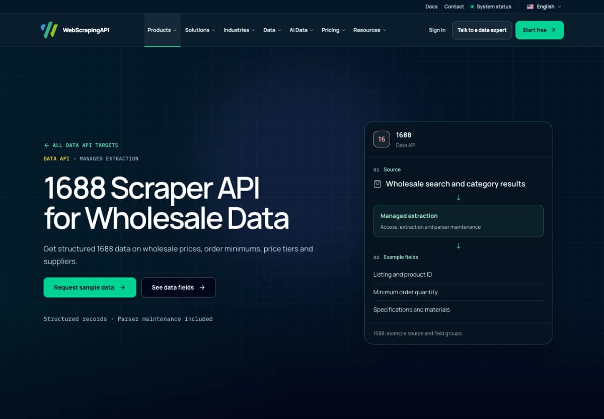 WebScrapingAPI official 1688 Data API page presenting managed wholesale-data extraction