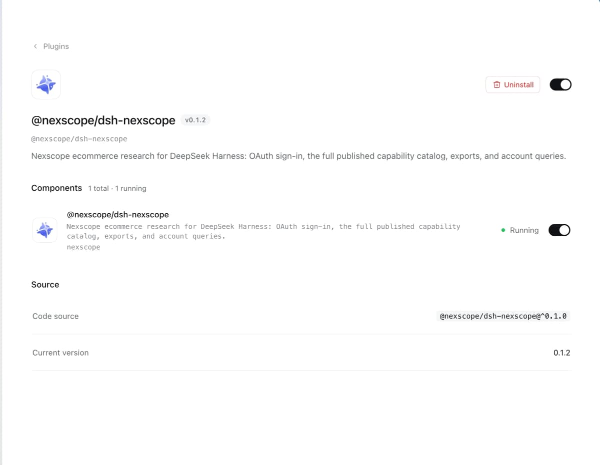Nexscope plugin version 0.1.2 installed and running in the DeepSeek Harness Plugins page