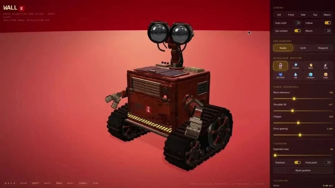 WALL-E demo preview showing the character and camera, behavior, and joint controls