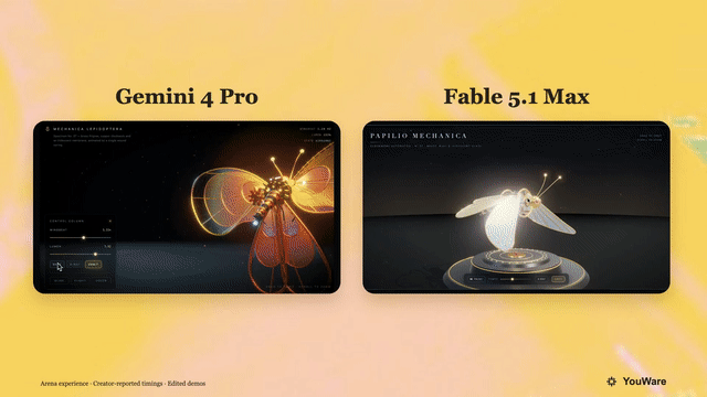 Community mechanical butterfly comparison labeled Gemini 4 Pro and Fable 5.1 Max