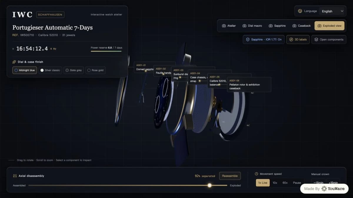Live watch demo in exploded view with labeled assemblies and disassembly controls