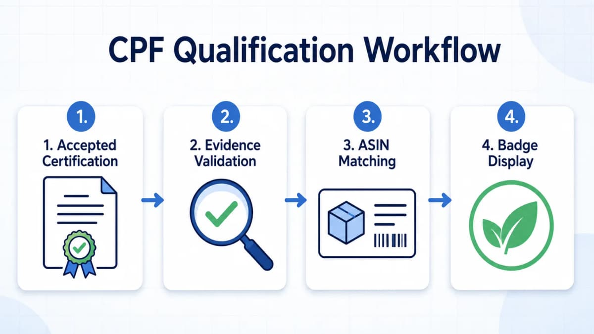Amazon Climate Pledge Friendly qualification workflow from certification to badge display