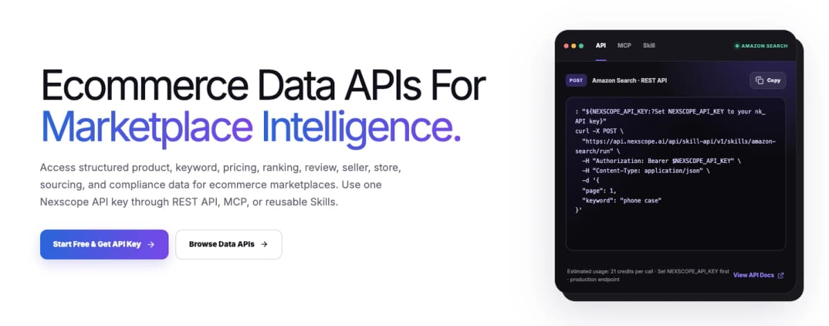 Nexscope Ecommerce Data APIs page showing structured marketplace data and REST API access