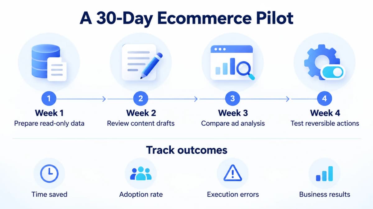 Four-week ecommerce pilot covering read-only data, reviewed drafts, ad analysis, and reversible actions
