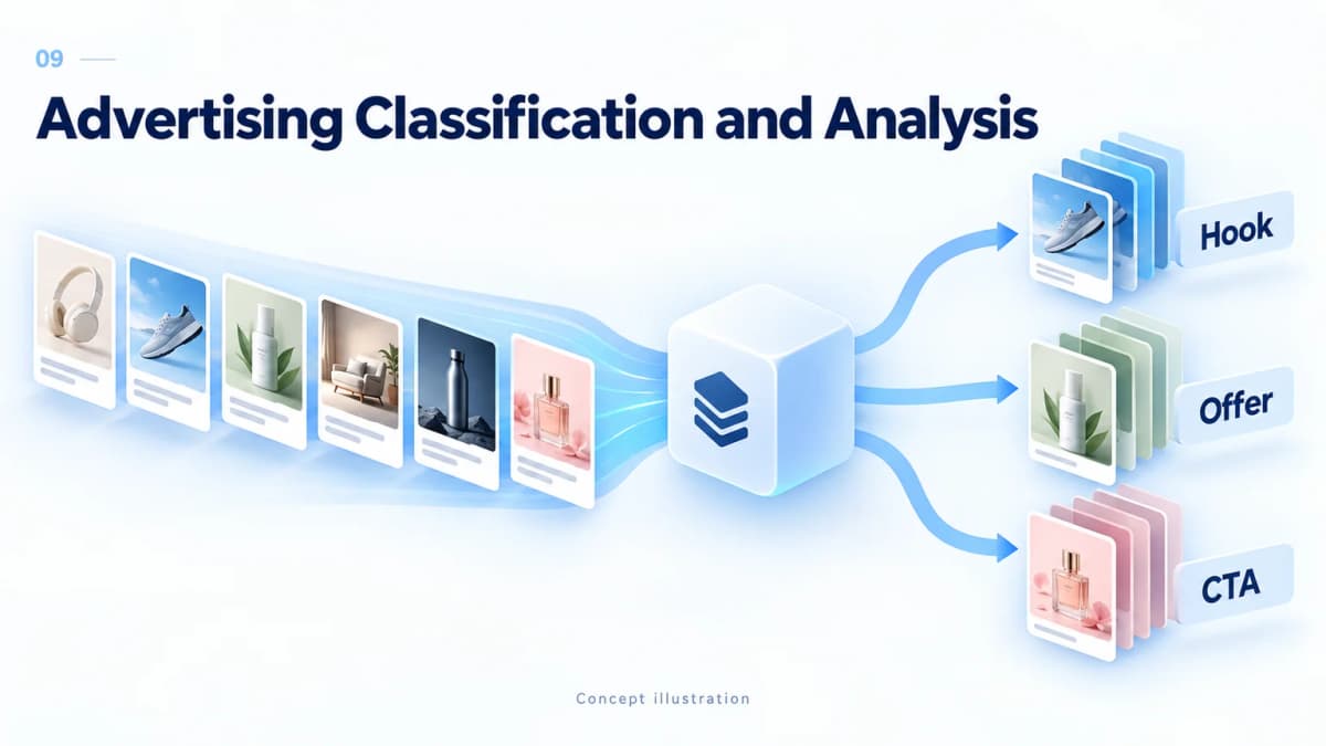 Jev AI concept illustration for advertising classification and analysis, showing the case's decision-making scenario