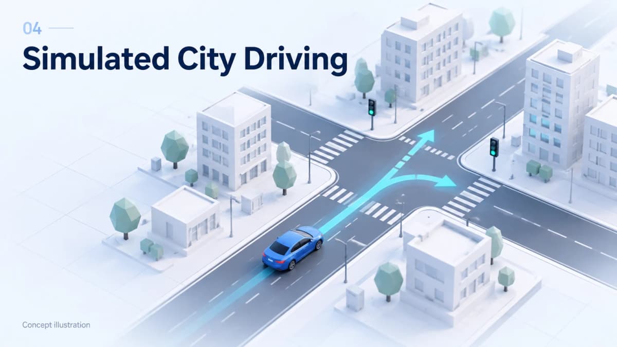 Jev AI concept illustration for simulated city driving, showing the case's decision-making scenario
