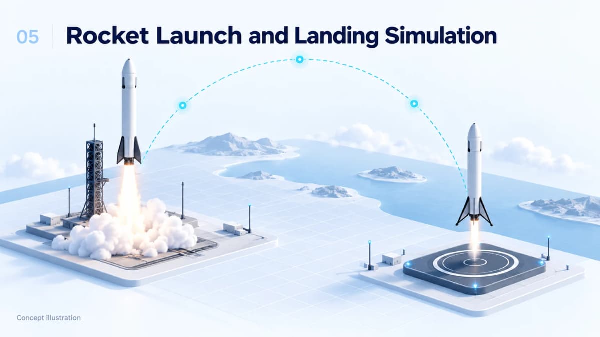 Jev AI concept illustration for rocket launch and landing simulation, showing the case's decision-making scenario