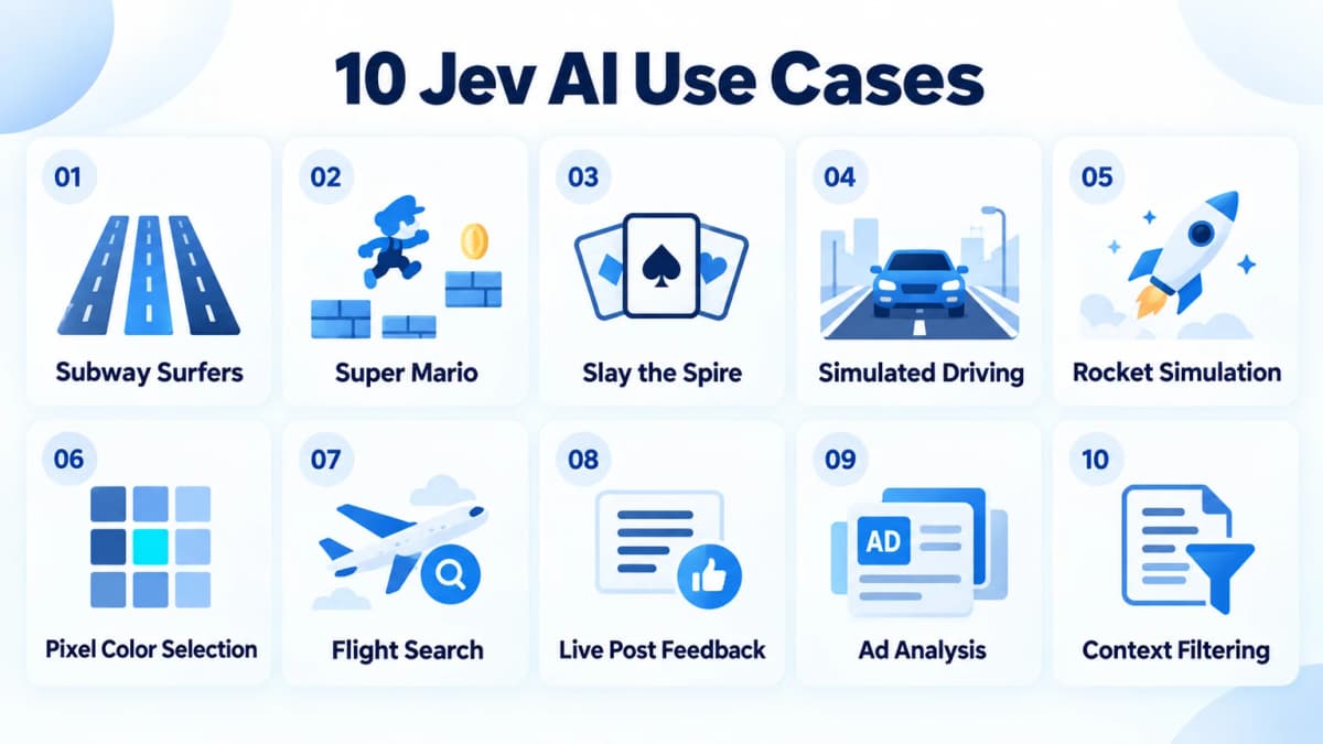 Ten Jev AI use cases spanning games, simulations, browser searches, advertising, and context filtering
